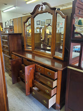Load image into Gallery viewer, Vintage Cherry Triple Dresser With Trifold Mirror By Stanley Furniture - 12 Drawers The American Craftsman Collections
