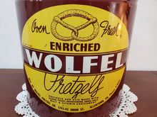 Load image into Gallery viewer, Vintage Wolfel Oven Fresh Enriched Pretzels Can Allentown PA - Tin Advertisement
