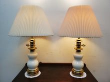 Load image into Gallery viewer, Pair Vintage Stiffel Lenox Porcelain Brass Hollywood Regency Torchiere Table Lamps With Shades - 3 Way Switches
