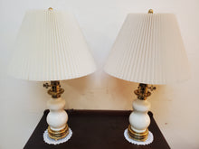 Load image into Gallery viewer, Pair Vintage Stiffel Lenox Porcelain Brass Hollywood Regency Torchiere Table Lamps With Shades - 3 Way Switches
