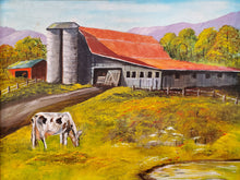 Load image into Gallery viewer, Vintage Oil On Board Painting – Cow Pasture and Barn Scene – Signed
