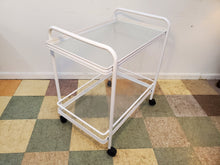 Load image into Gallery viewer, Vintage White Metal Bar Cart With Glass Shelves

