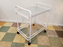 Load image into Gallery viewer, Vintage White Metal Bar Cart With Glass Shelves
