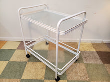 Load image into Gallery viewer, Vintage White Metal Bar Cart With Glass Shelves
