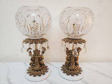 Load image into Gallery viewer, Pair Vintage Crystal Cut Glass Cherub Table Lamps With Marble Base – Brass Finish – Glass Prisms
