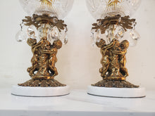 Load image into Gallery viewer, Pair Vintage Crystal Cut Glass Cherub Table Lamps With Marble Base – Brass Finish – Glass Prisms
