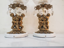 Load image into Gallery viewer, Pair Vintage Crystal Cut Glass Cherub Table Lamps With Marble Base – Brass Finish – Glass Prisms
