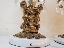 Load image into Gallery viewer, Pair Vintage Crystal Cut Glass Cherub Table Lamps With Marble Base – Brass Finish – Glass Prisms
