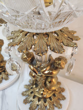 Load image into Gallery viewer, Pair Vintage Crystal Cut Glass Cherub Table Lamps With Marble Base – Brass Finish – Glass Prisms
