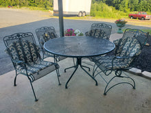 Load image into Gallery viewer, 5 Piece Vintage Wrought Iron Metal Dinette Table Set – Round Table and 4 Coil Spring Chairs - Dark Green
