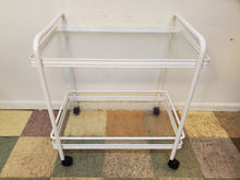 Load image into Gallery viewer, Vintage White Metal Bar Cart With Glass Shelves
