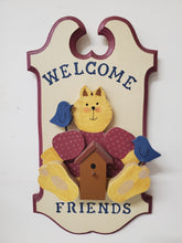 Load image into Gallery viewer, Wooden Welcome Friends Wall Sign - Cat Bird Welcome Sign - Birdhouse - Wall Décor
