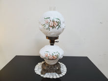 Load image into Gallery viewer, Vintage Gone With The Wind Hurricane Milk Glass Double Globe Lamp - Embossed Roses
