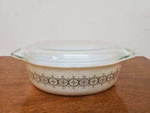 Load image into Gallery viewer, Vintage 2 1/2 Quart Covered Casserole Dish By Pyrex - Olive Medallion Pattern
