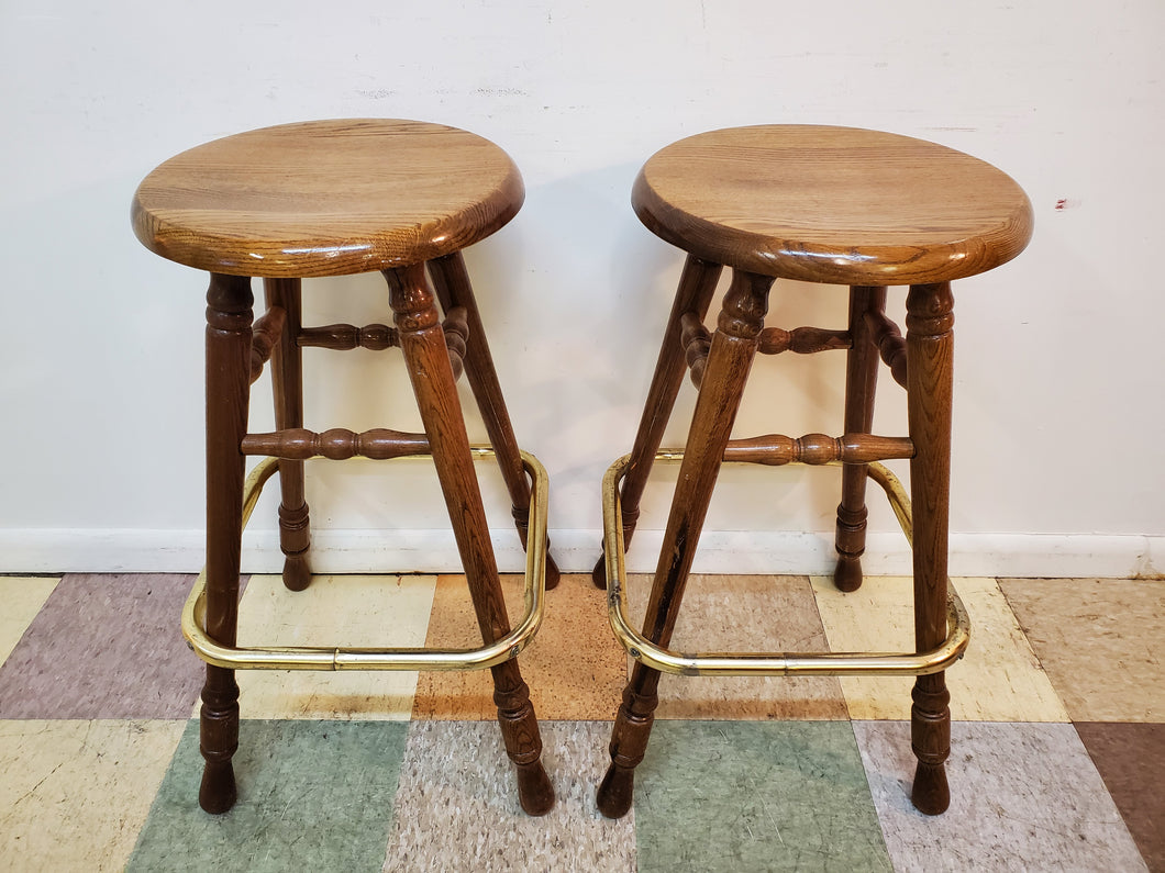 Pair of Solid Oak Swivel Barstool With Brass Footrest