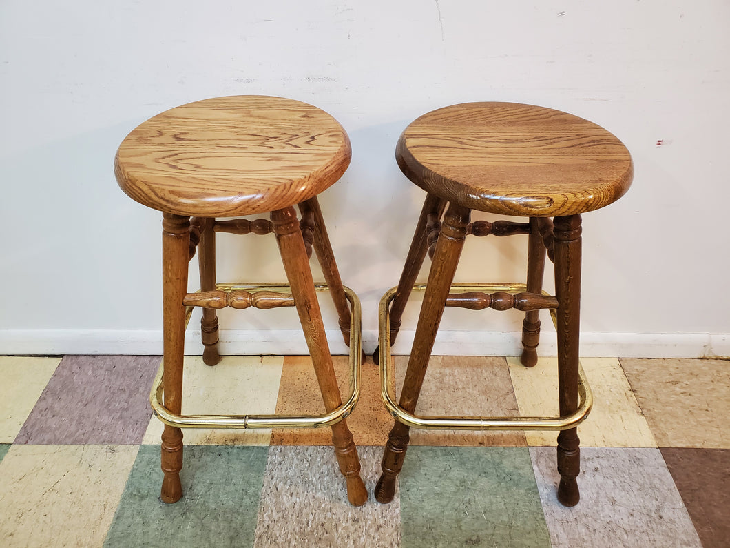 Pair of Solid Oak Swivel Barstool With Brass Footrest