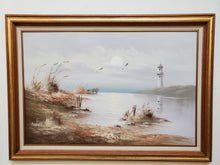 Load image into Gallery viewer, Vintage Framed Oil Painting On Canvas - Lighthouse Seascape
