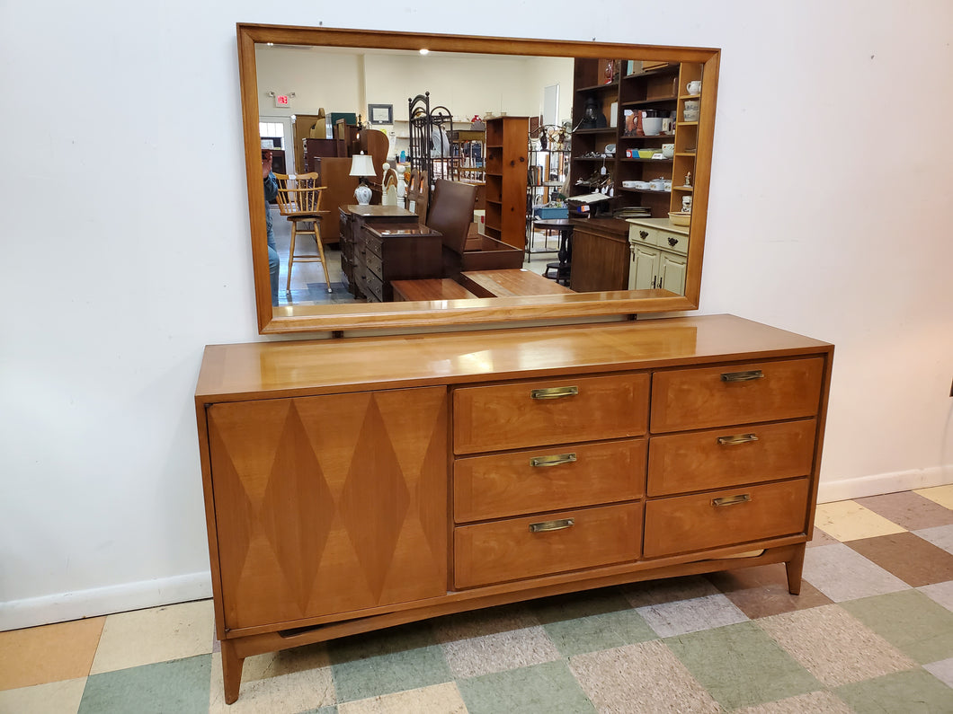 Red Lion Mid Century Modern Walnut Triple Dresser With Mirror - 9 Drawers