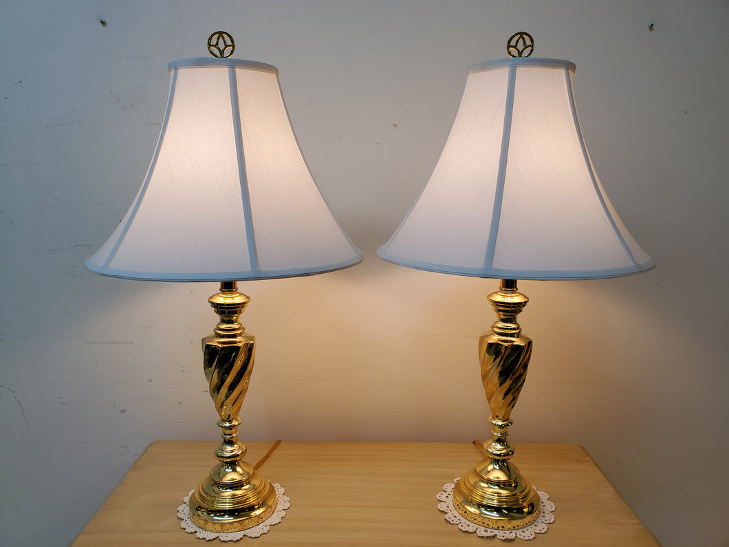 Pair Modern Brass Table Lamps - Brass Finish