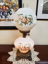 Load image into Gallery viewer, Vintage Gone With The Wind Hurricane Milk Glass Double Globe Lamp - Embossed Roses
