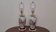 Load and play video in Gallery viewer, Pair Vintage Asian Style Chinoiserie Table Lamps With Birds And Flowers
