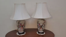 Load and play video in Gallery viewer, Pair Vintage Asian Style Chinoiserie Table Lamps With Birds And Flowers

