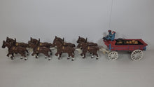 Load and play video in Gallery viewer, Vintage Cast Iron Clydesdale Horses – Wagon – Barrels – Men and Dog
