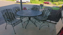 Load and play video in Gallery viewer, 5 Piece Vintage Wrought Iron Metal Dinette Table Set – Round Table and 4 Coil Spring Chairs - Dark Green
