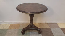 Load and play video in Gallery viewer, Vintage Round Burl Wood Pedestal Base Accent Table
